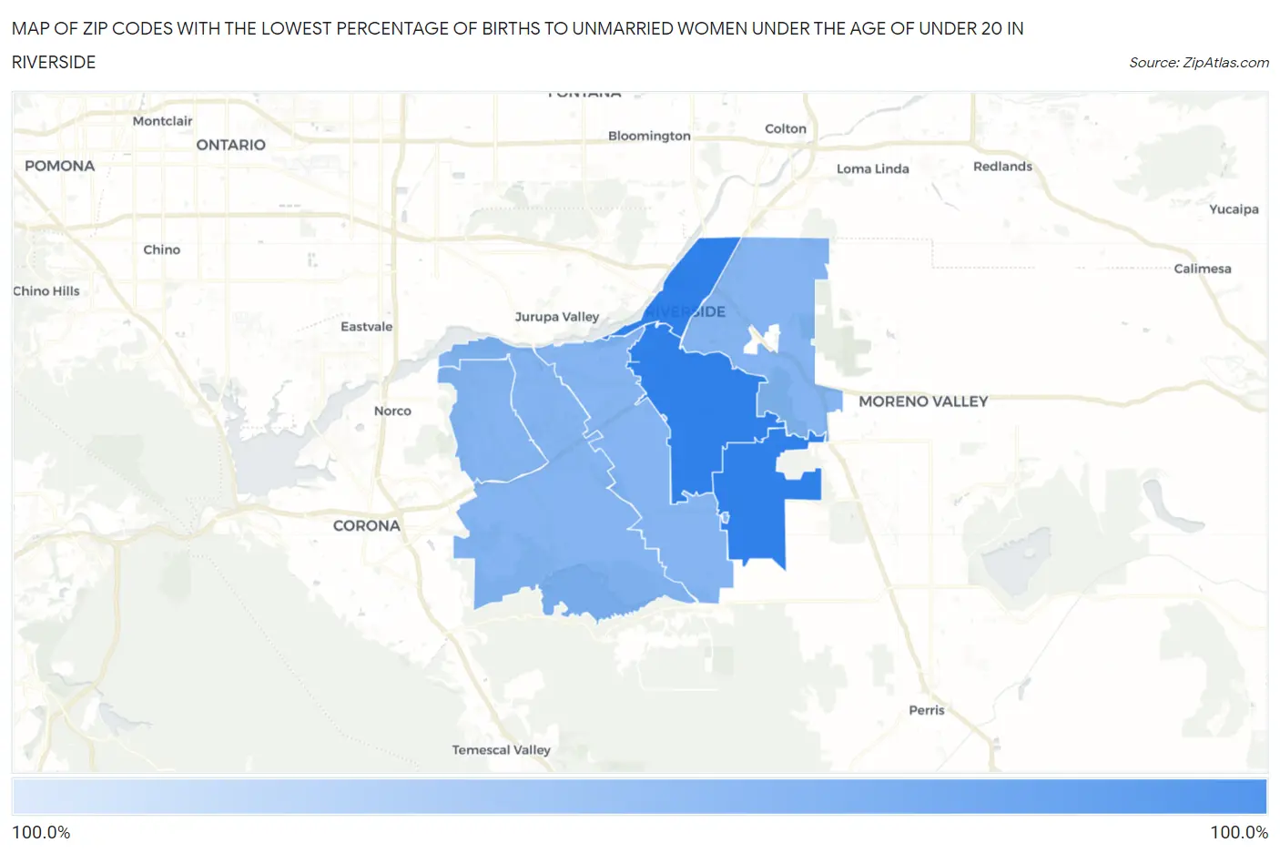 Zip Codes with the Lowest Percentage of Births to Unmarried Women under the Age of under 20 in Riverside Map