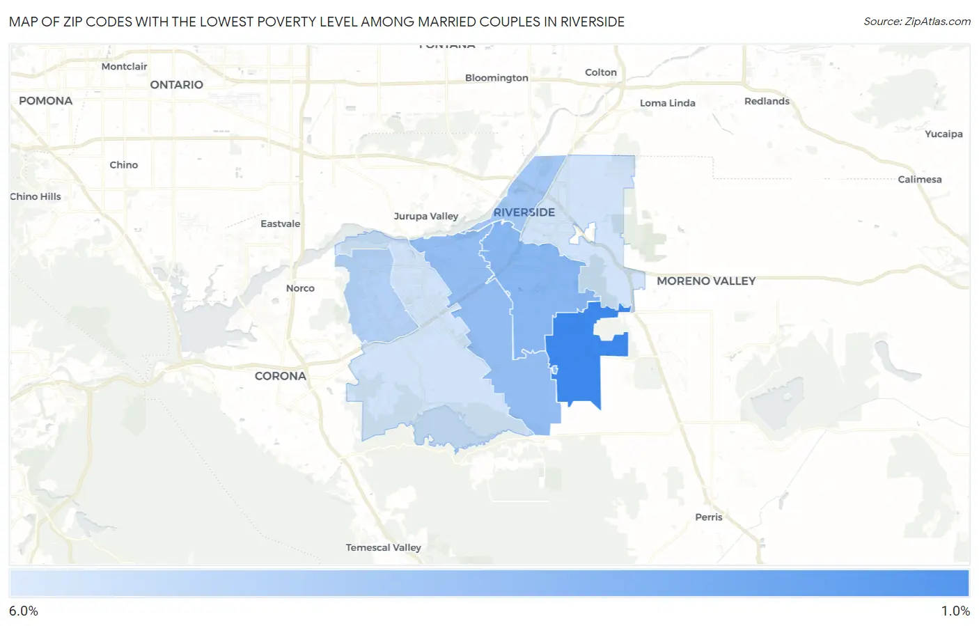 Zip Codes with the Lowest Poverty Level Among Married Couples in Riverside Map