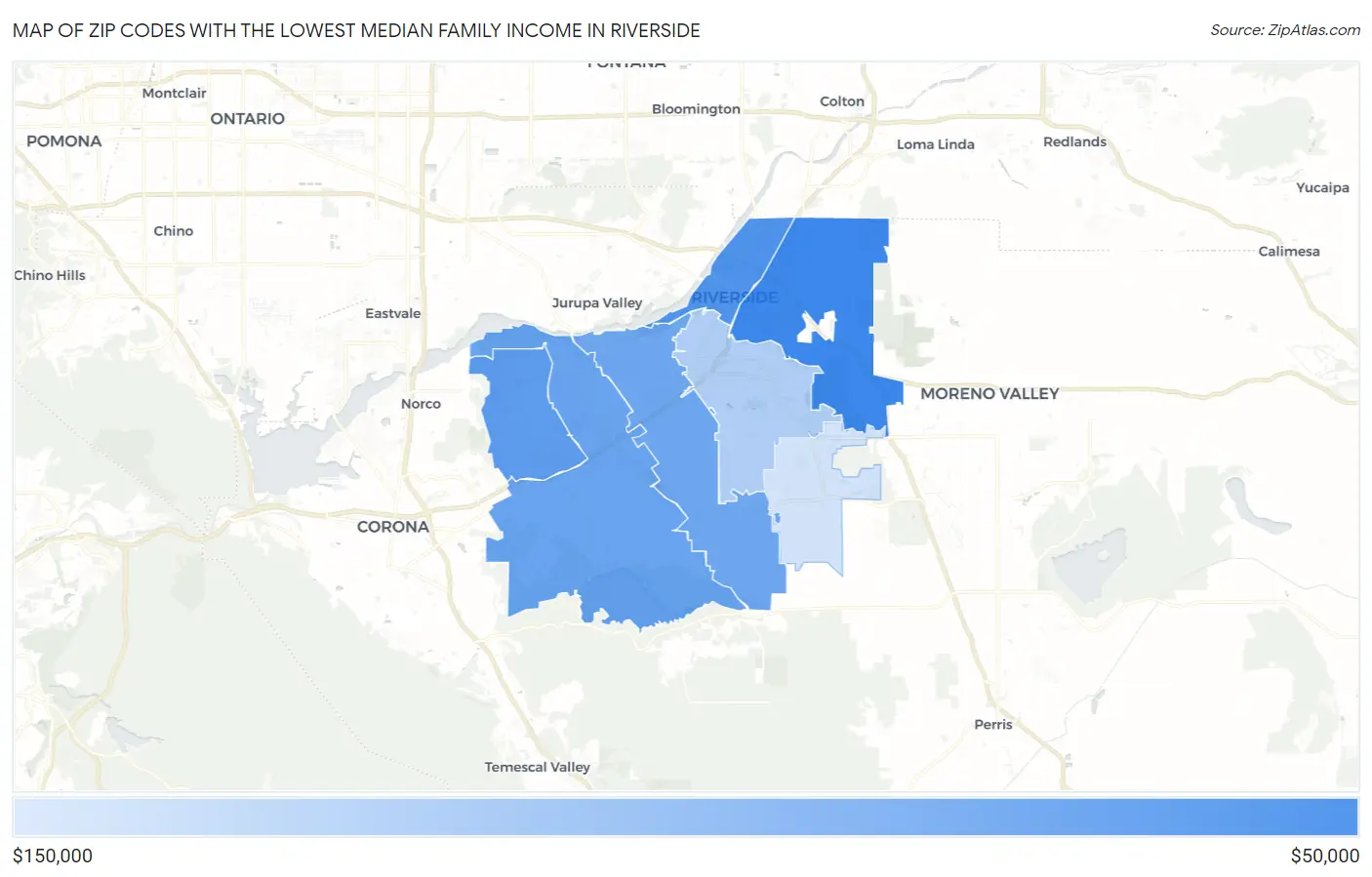 Zip Codes with the Lowest Median Family Income in Riverside Map