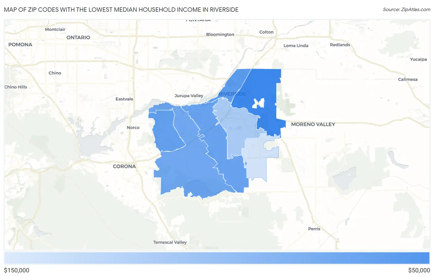 Zip Codes with the Lowest Median Household Income in Riverside Map