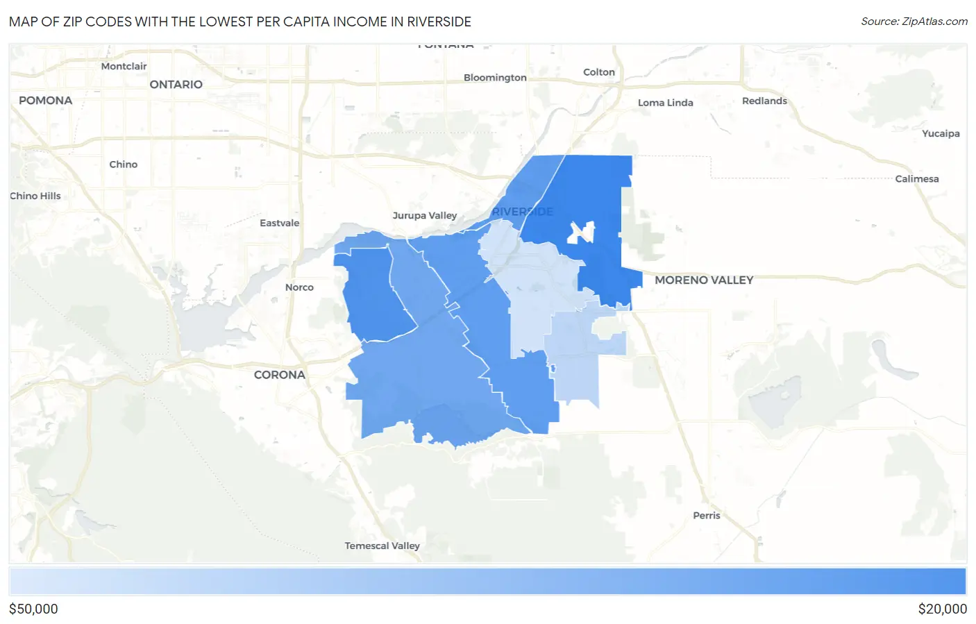 Zip Codes with the Lowest Per Capita Income in Riverside Map