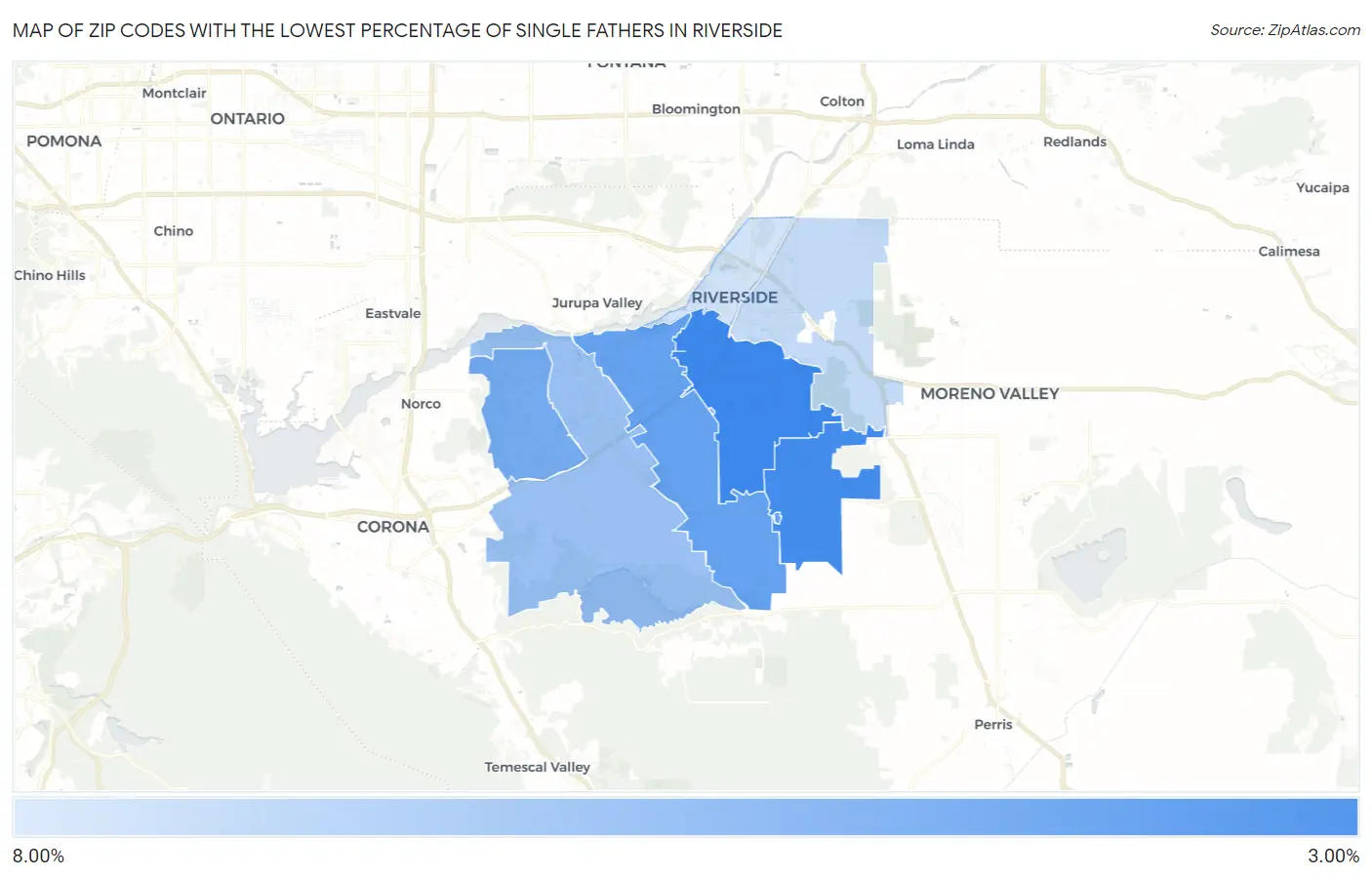 Zip Codes with the Lowest Percentage of Single Fathers in Riverside Map