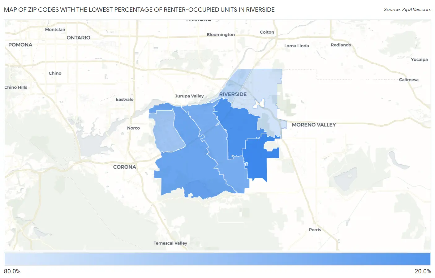 Zip Codes with the Lowest Percentage of Renter-Occupied Units in Riverside Map