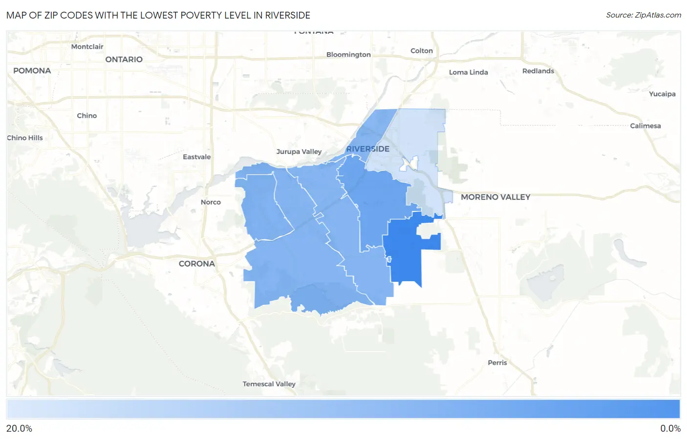 Zip Codes with the Lowest Poverty Level in Riverside Map