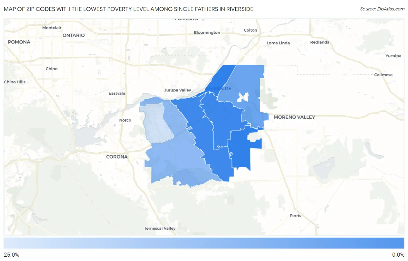 Zip Codes with the Lowest Poverty Level Among Single Fathers in Riverside Map