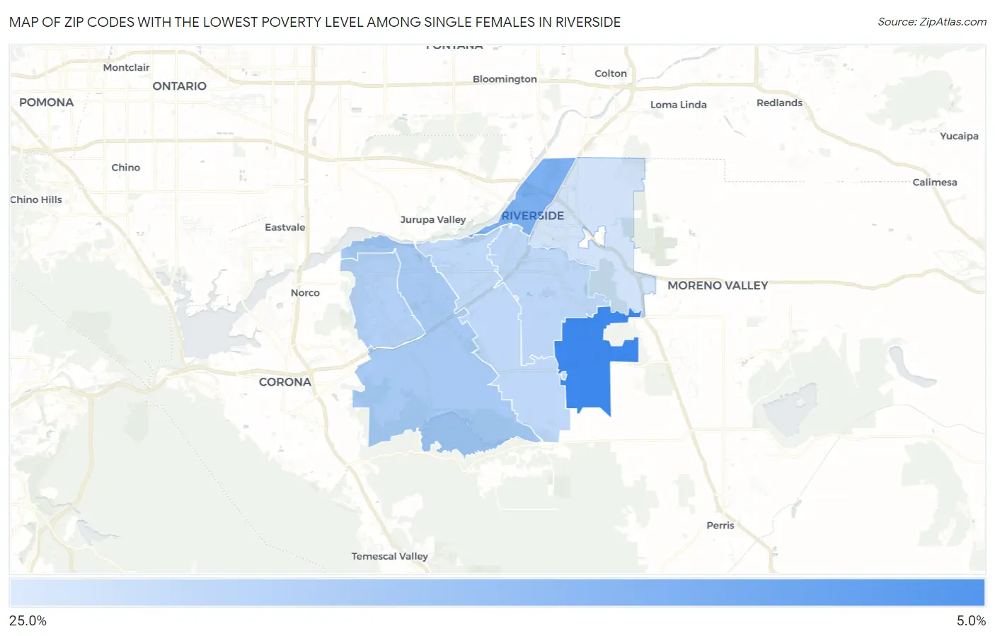 Zip Codes with the Lowest Poverty Level Among Single Females in Riverside Map