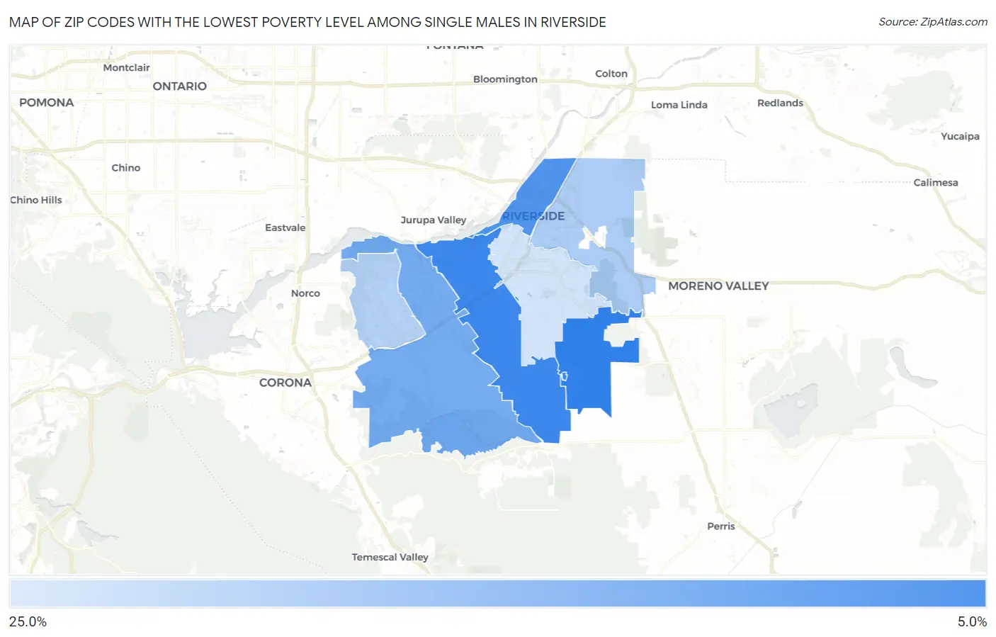 Zip Codes with the Lowest Poverty Level Among Single Males in Riverside Map