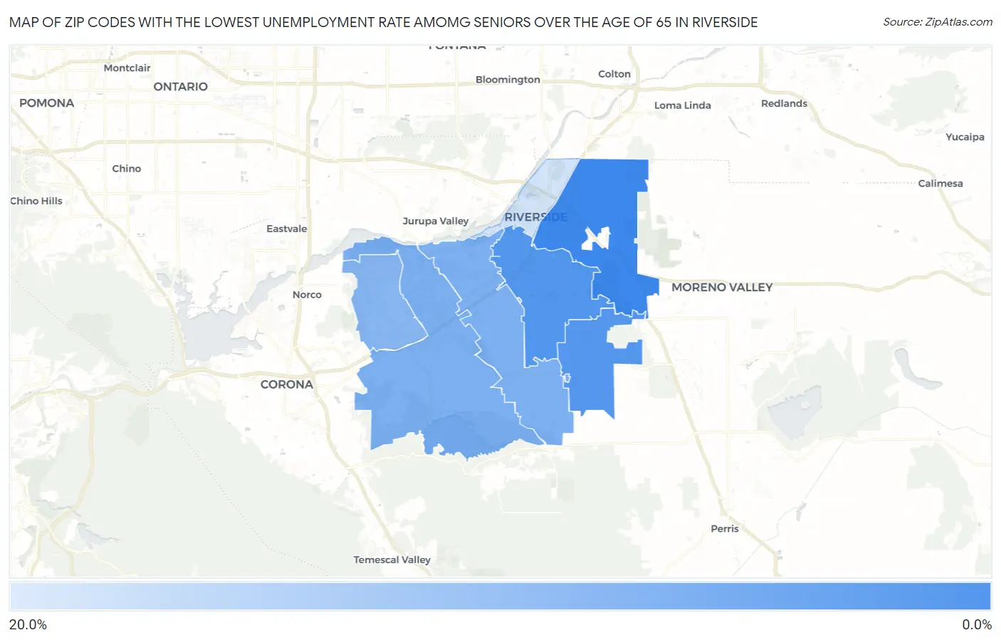 Zip Codes with the Lowest Unemployment Rate Amomg Seniors Over the Age of 65 in Riverside Map