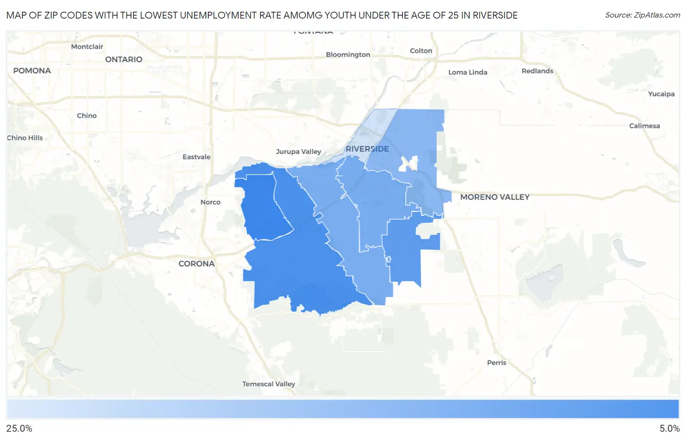 Zip Codes with the Lowest Unemployment Rate Amomg Youth Under the Age of 25 in Riverside Map