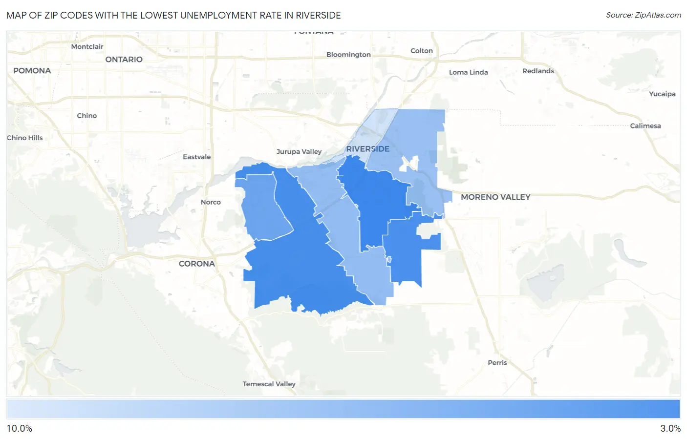 Zip Codes with the Lowest Unemployment Rate in Riverside Map