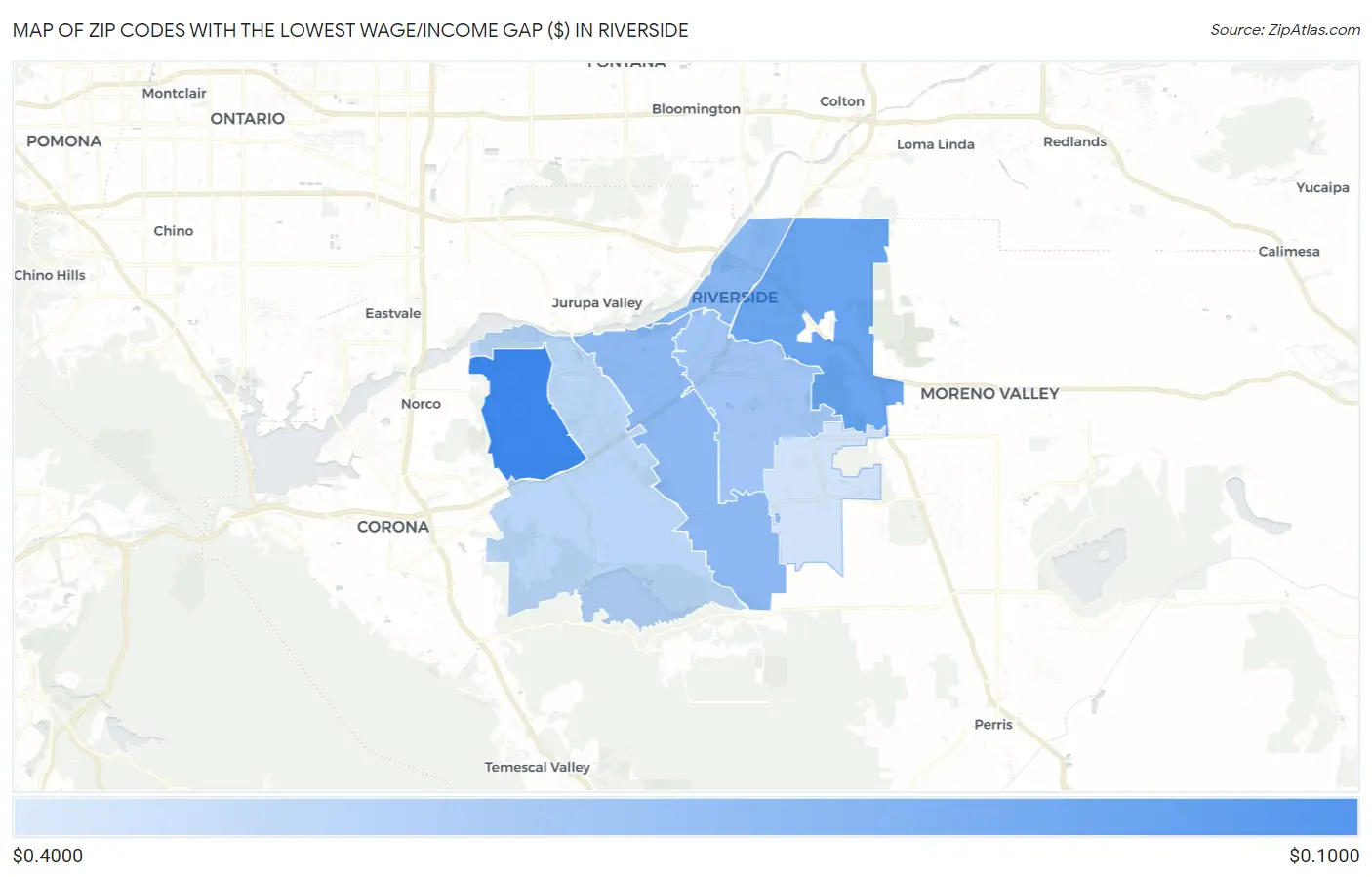 Zip Codes with the Lowest Wage/Income Gap ($) in Riverside Map