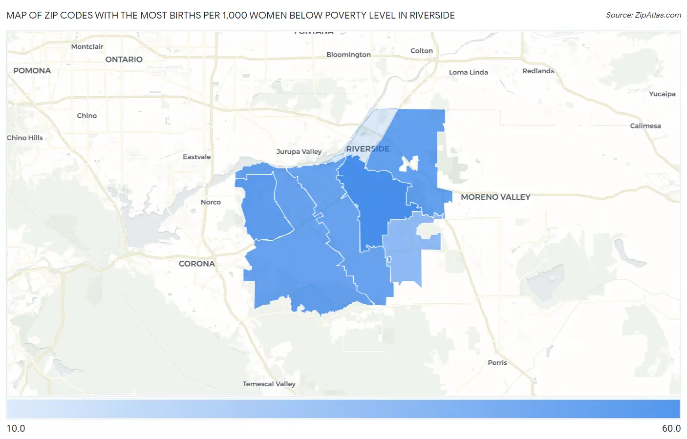 Zip Codes with the Most Births per 1,000 Women Below Poverty Level in Riverside Map