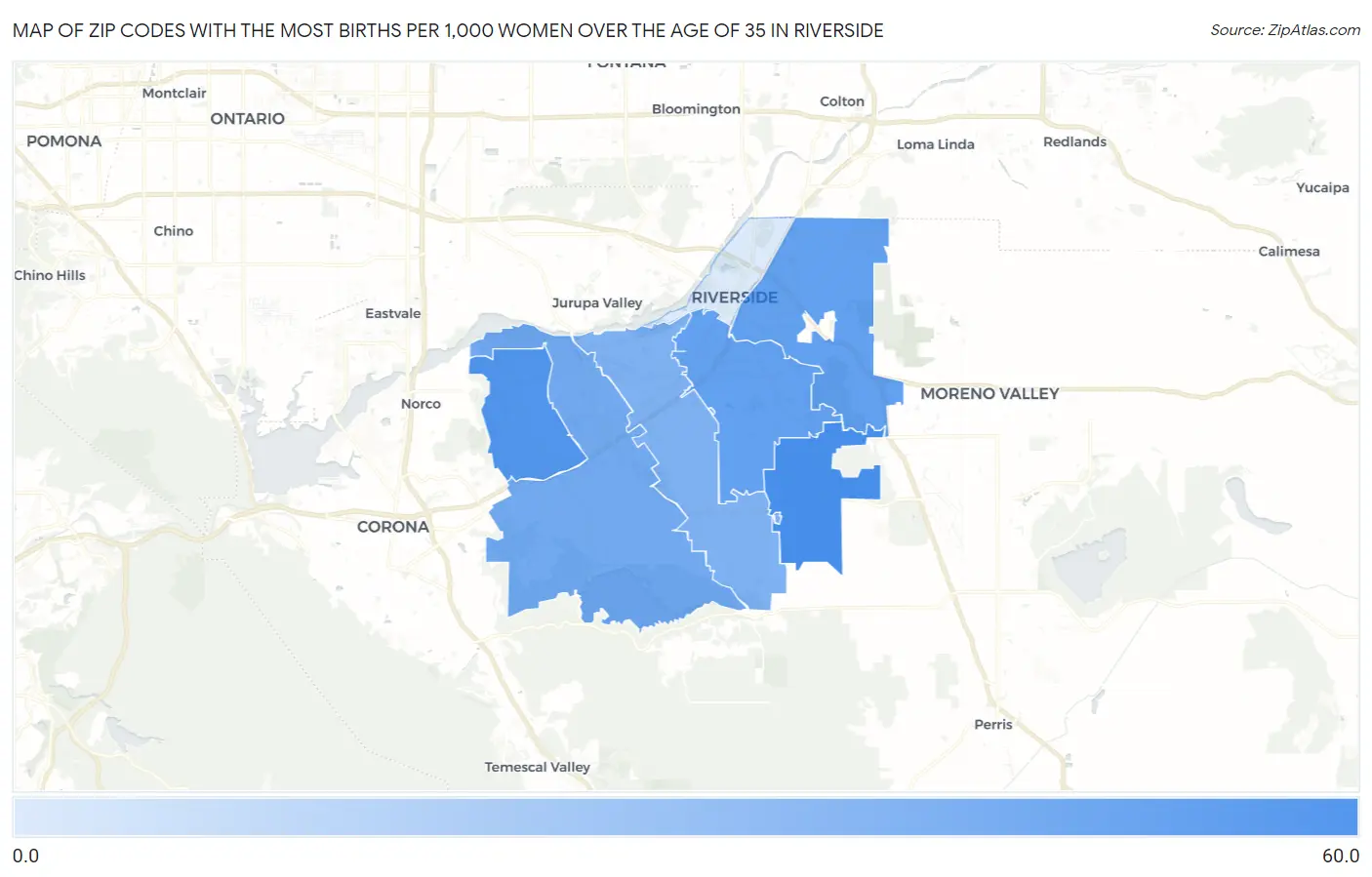 Zip Codes with the Most Births per 1,000 Women Over the Age of 35 in Riverside Map