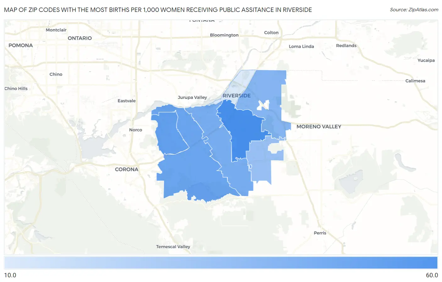 Zip Codes with the Most Births per 1,000 Women Receiving Public Assitance in Riverside Map