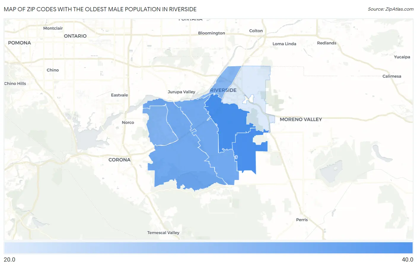 Zip Codes with the Oldest Male Population in Riverside Map