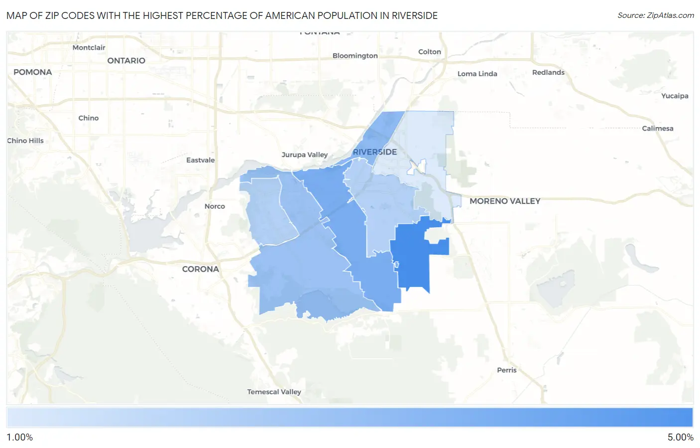 Zip Codes with the Highest Percentage of American Population in Riverside Map