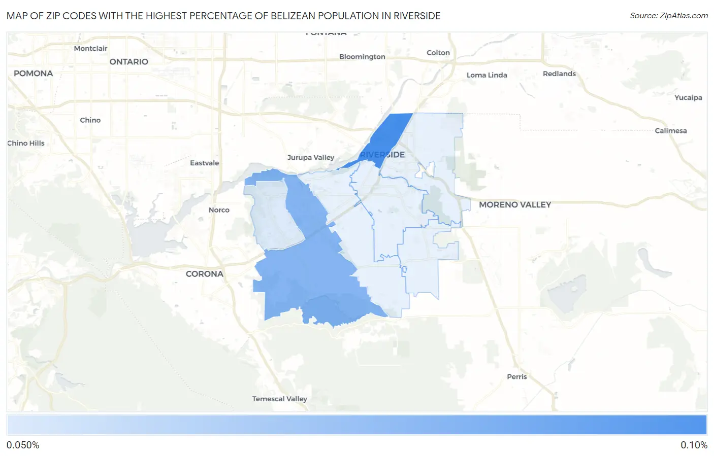 Zip Codes with the Highest Percentage of Belizean Population in Riverside Map