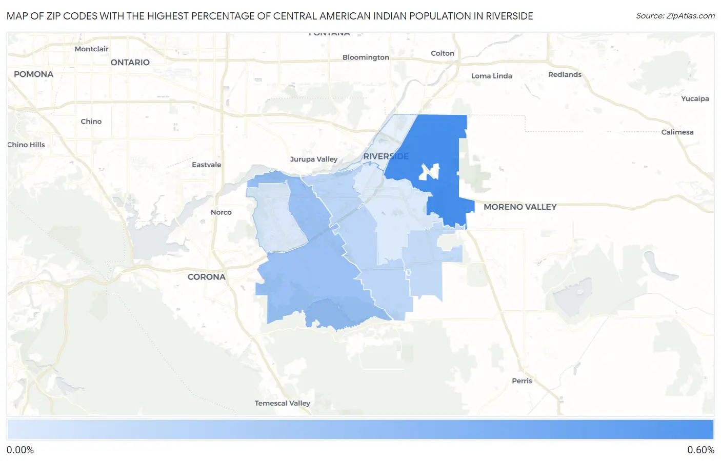 Zip Codes with the Highest Percentage of Central American Indian Population in Riverside Map