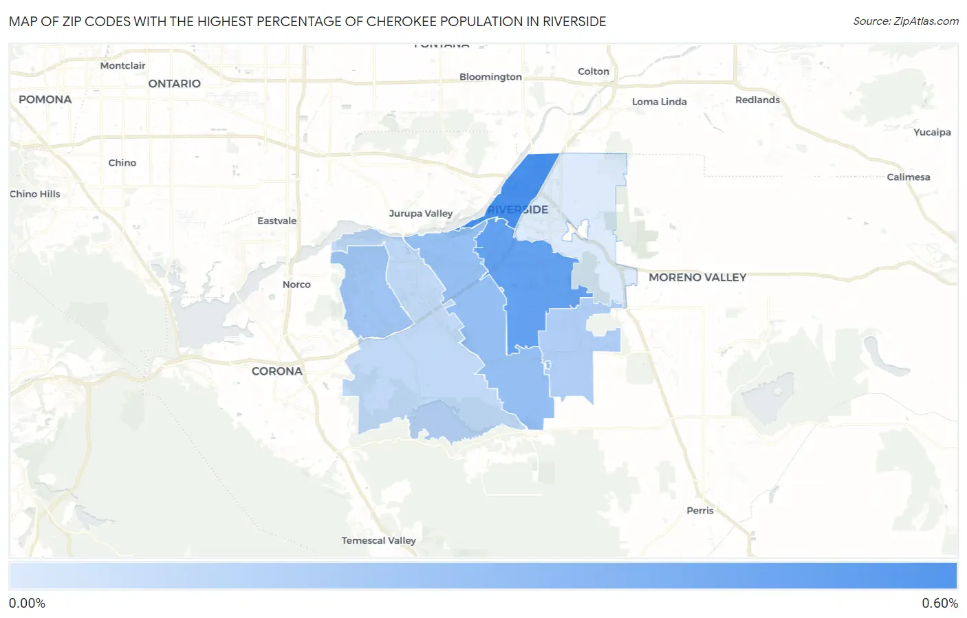 Zip Codes with the Highest Percentage of Cherokee Population in Riverside Map