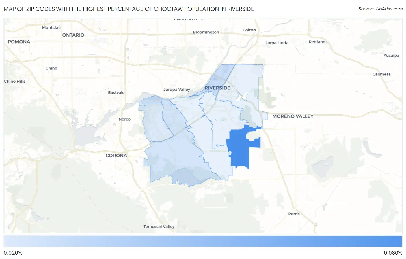 Zip Codes with the Highest Percentage of Choctaw Population in Riverside Map