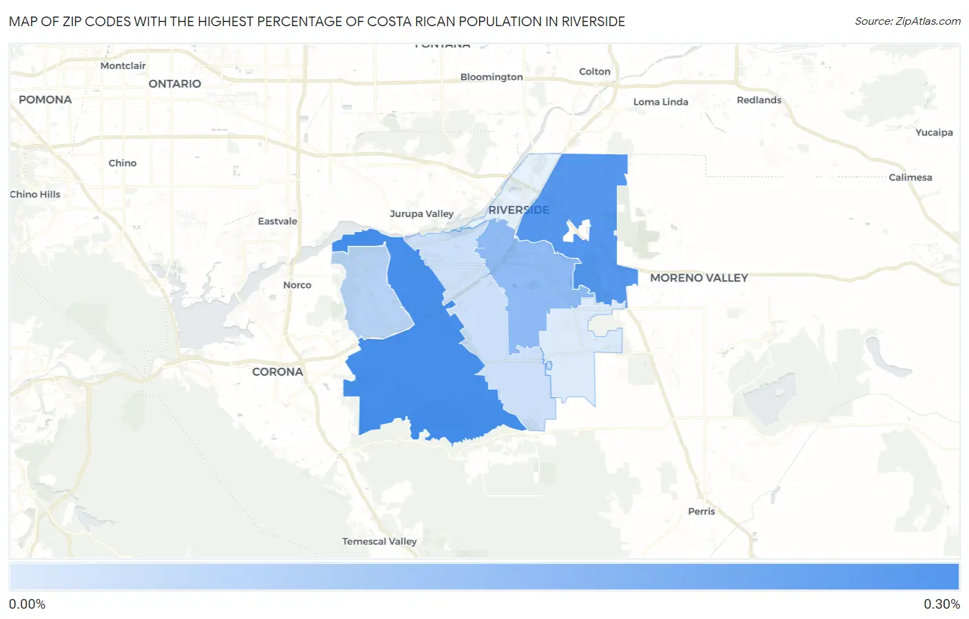 Zip Codes with the Highest Percentage of Costa Rican Population in Riverside Map