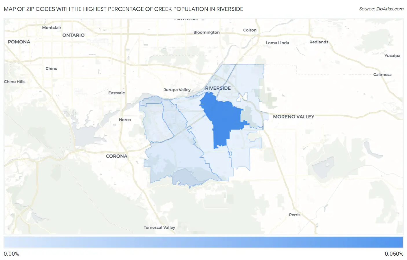 Zip Codes with the Highest Percentage of Creek Population in Riverside Map