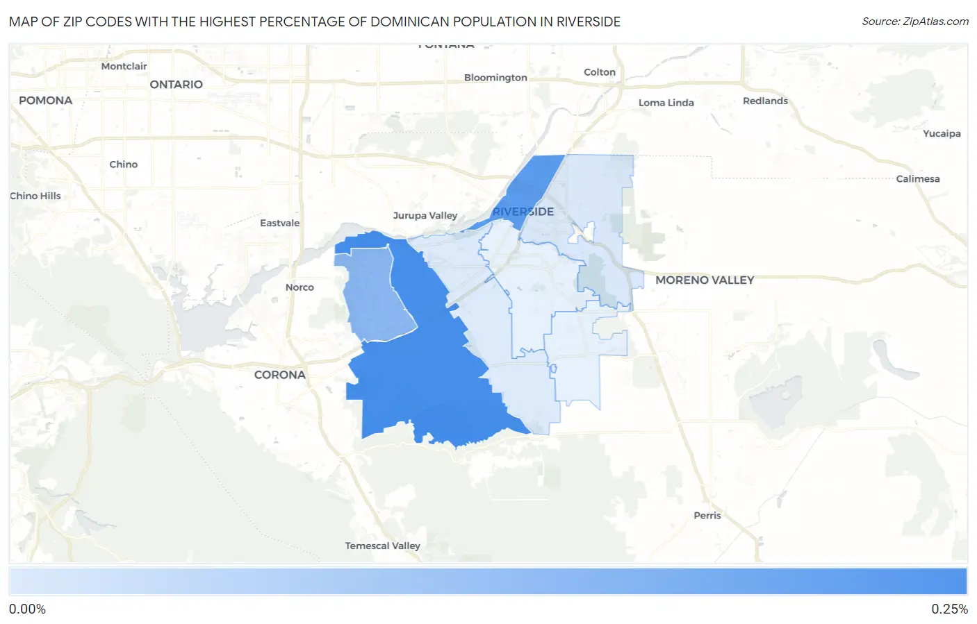 Zip Codes with the Highest Percentage of Dominican Population in Riverside Map