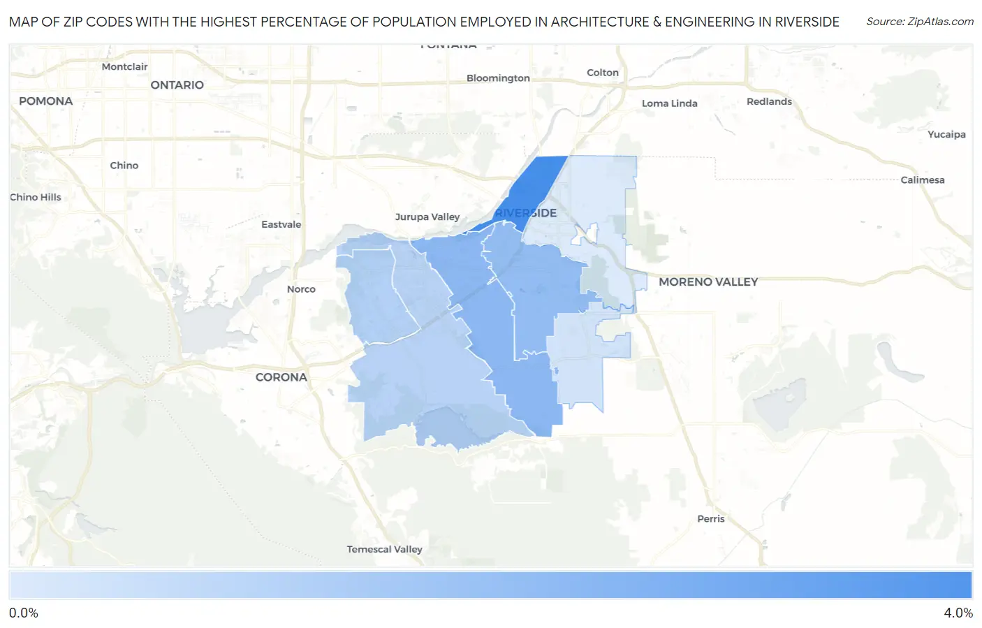 Zip Codes with the Highest Percentage of Population Employed in Architecture & Engineering in Riverside Map