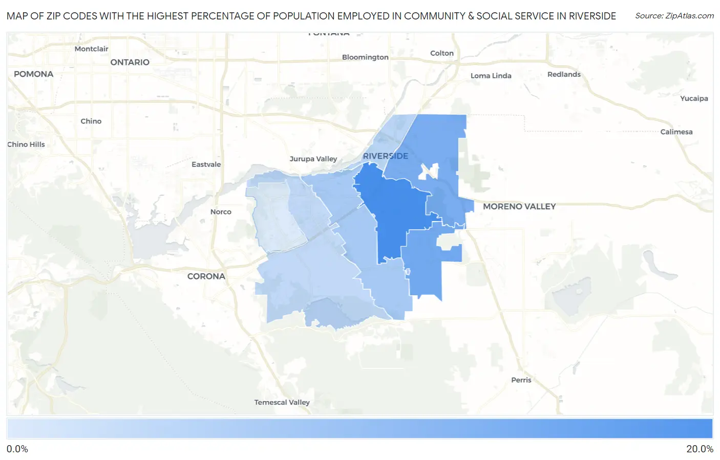 Zip Codes with the Highest Percentage of Population Employed in Community & Social Service  in Riverside Map