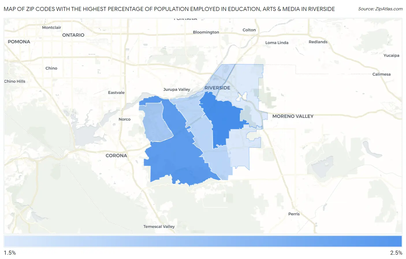 Zip Codes with the Highest Percentage of Population Employed in Education, Arts & Media in Riverside Map