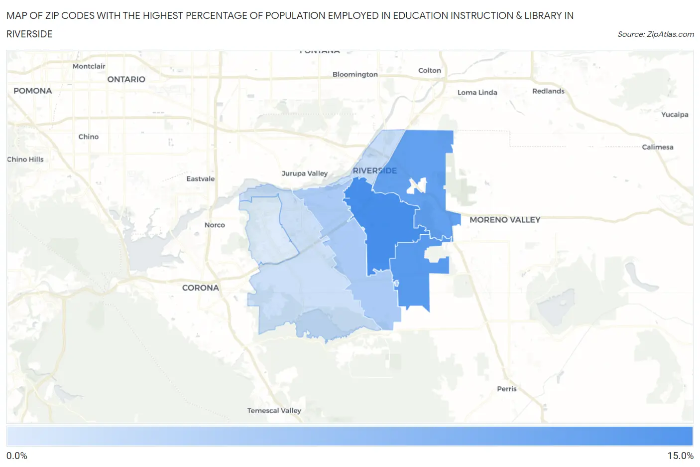 Zip Codes with the Highest Percentage of Population Employed in Education Instruction & Library in Riverside Map