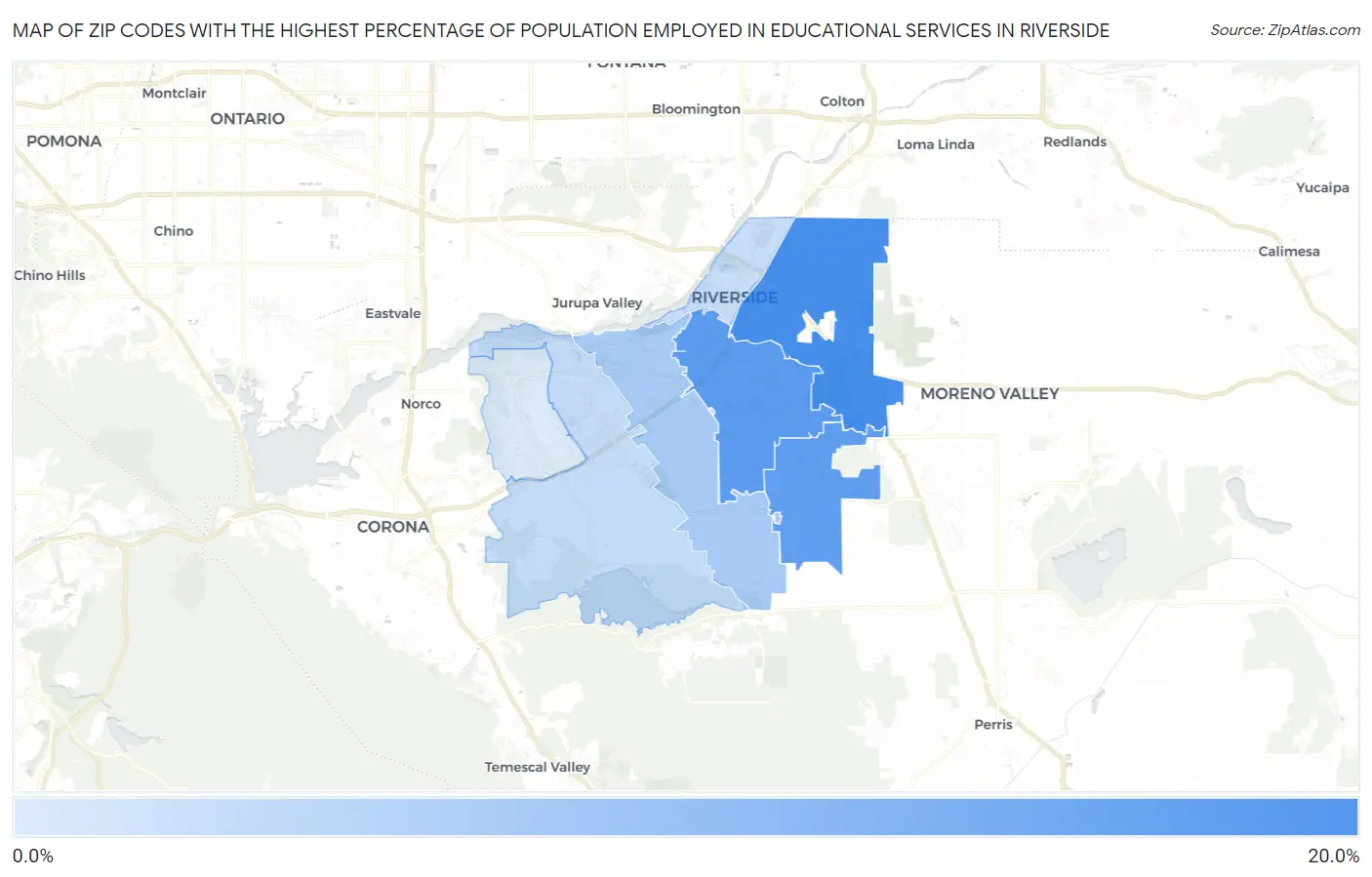 Zip Codes with the Highest Percentage of Population Employed in Educational Services in Riverside Map