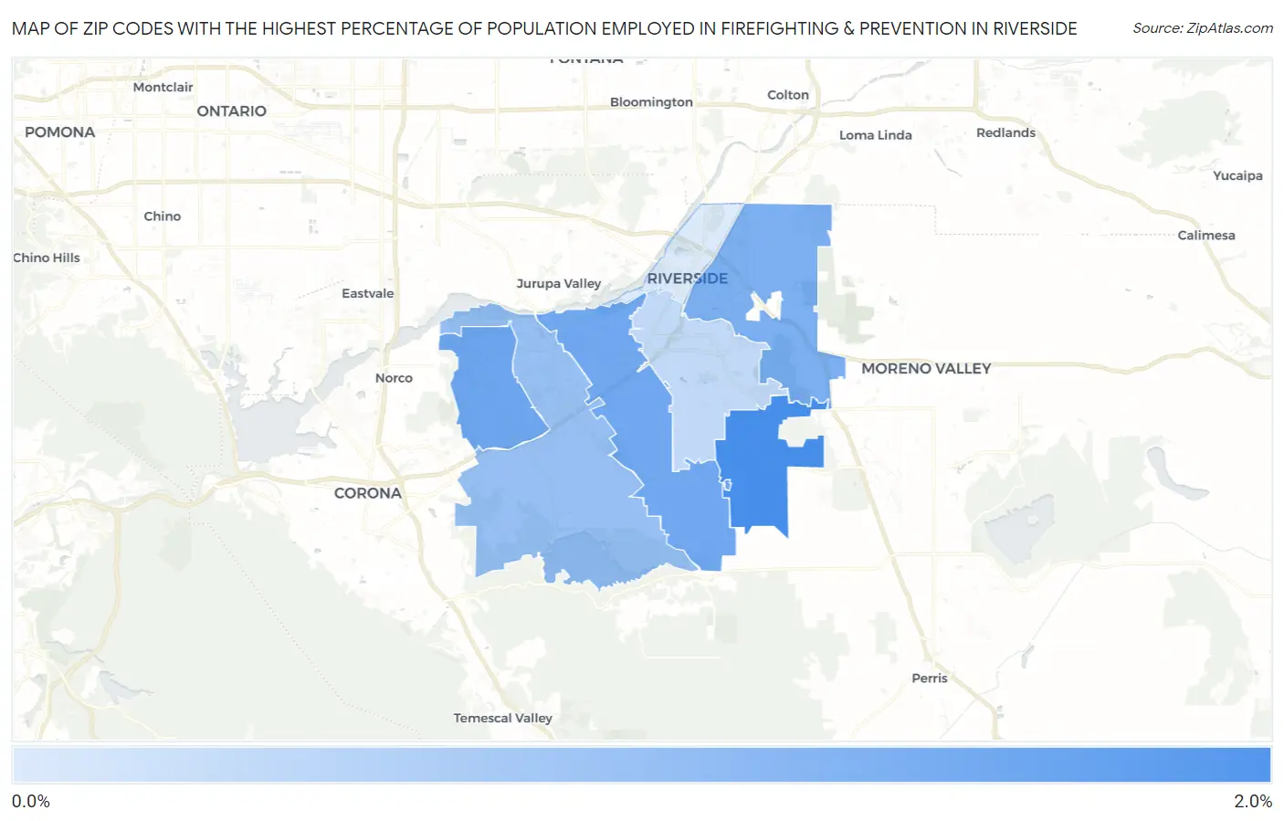 Zip Codes with the Highest Percentage of Population Employed in Firefighting & Prevention in Riverside Map