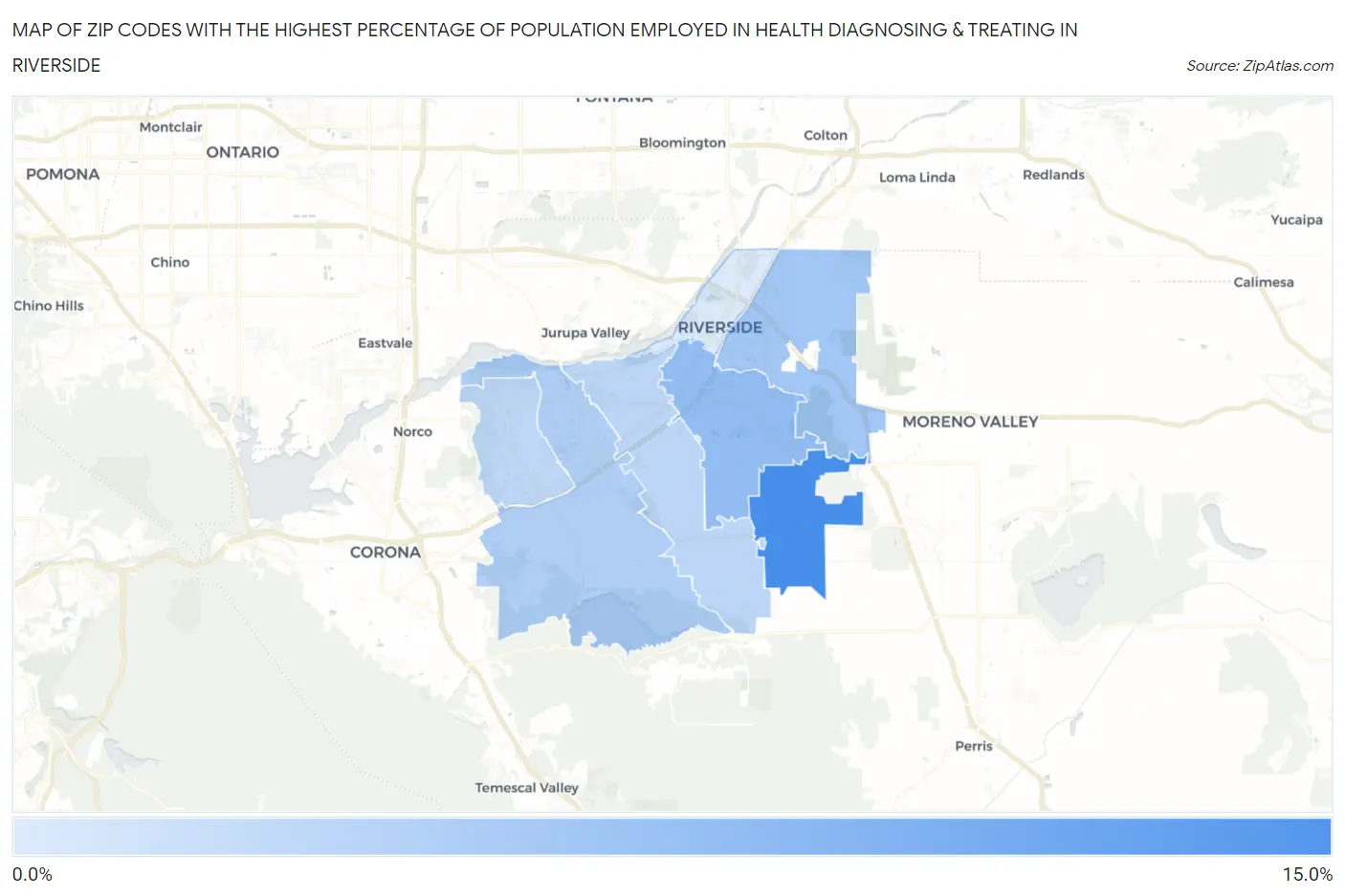 Zip Codes with the Highest Percentage of Population Employed in Health Diagnosing & Treating in Riverside Map