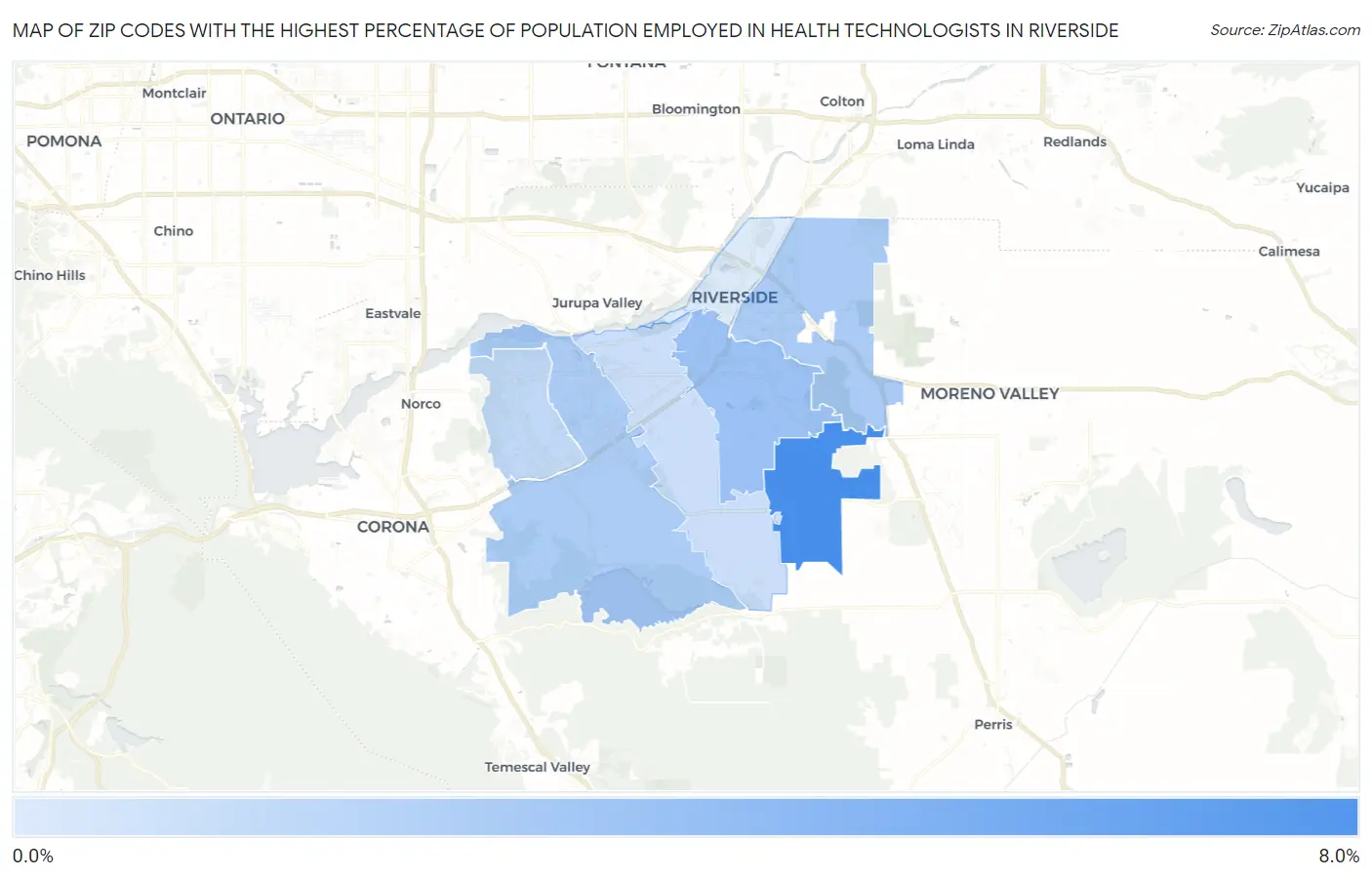 Zip Codes with the Highest Percentage of Population Employed in Health Technologists in Riverside Map