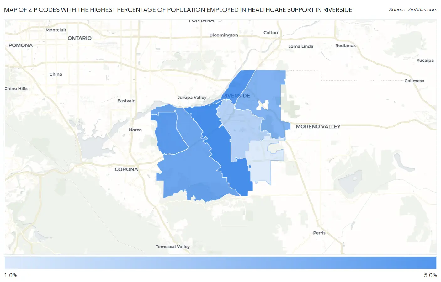 Zip Codes with the Highest Percentage of Population Employed in Healthcare Support in Riverside Map
