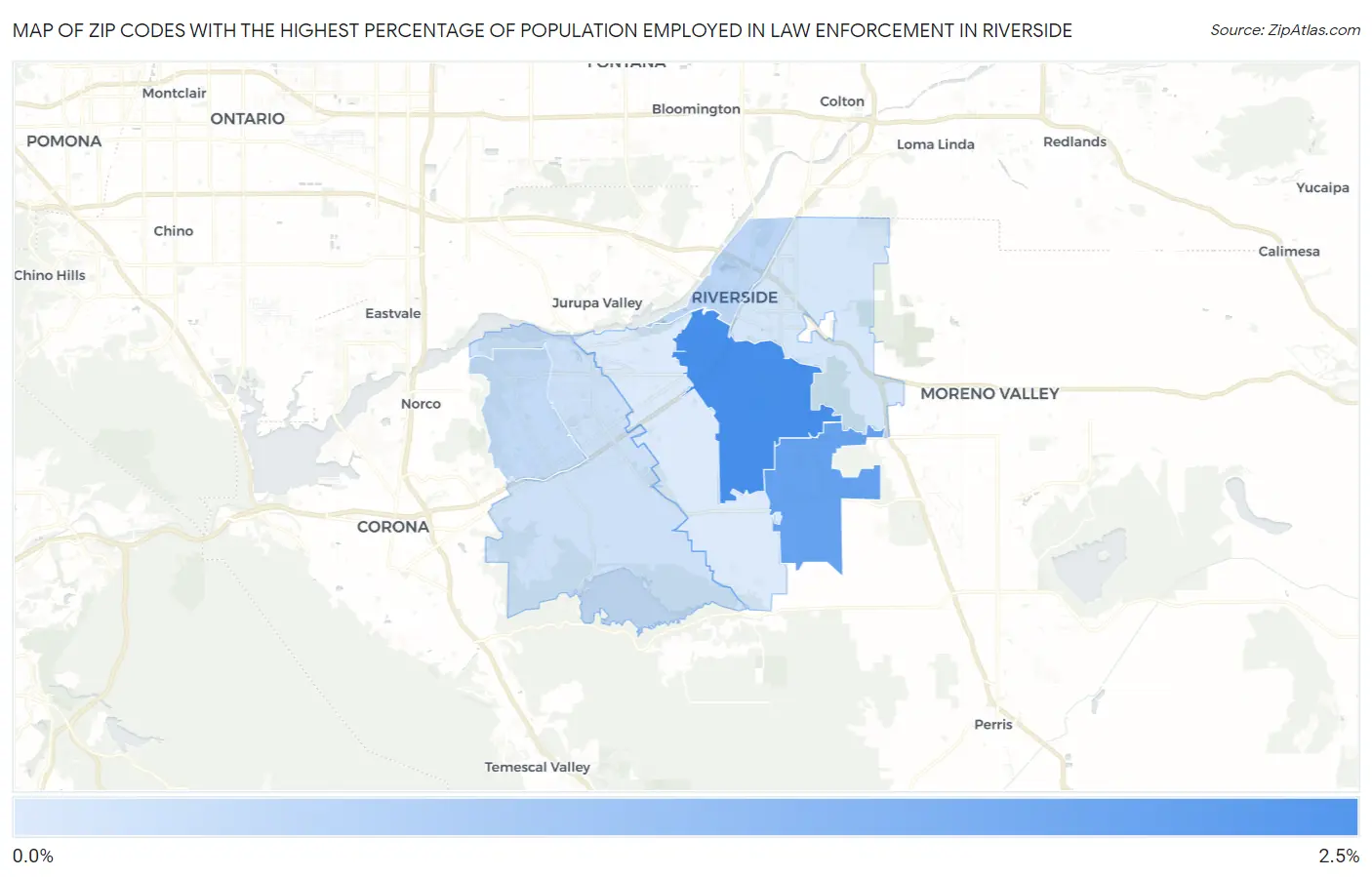 Zip Codes with the Highest Percentage of Population Employed in Law Enforcement in Riverside Map