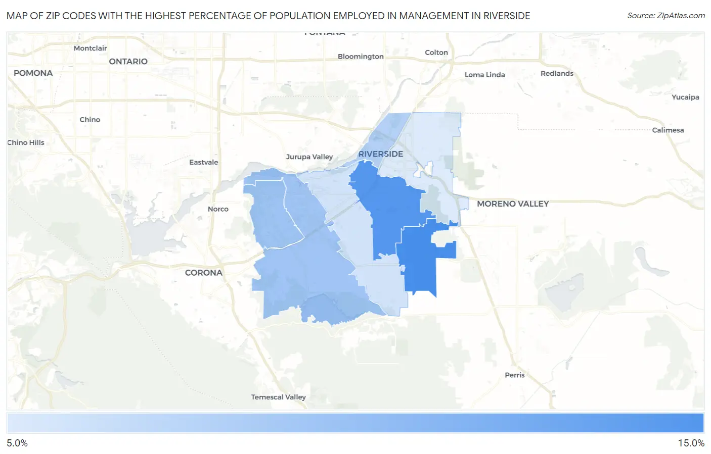 Zip Codes with the Highest Percentage of Population Employed in Management in Riverside Map
