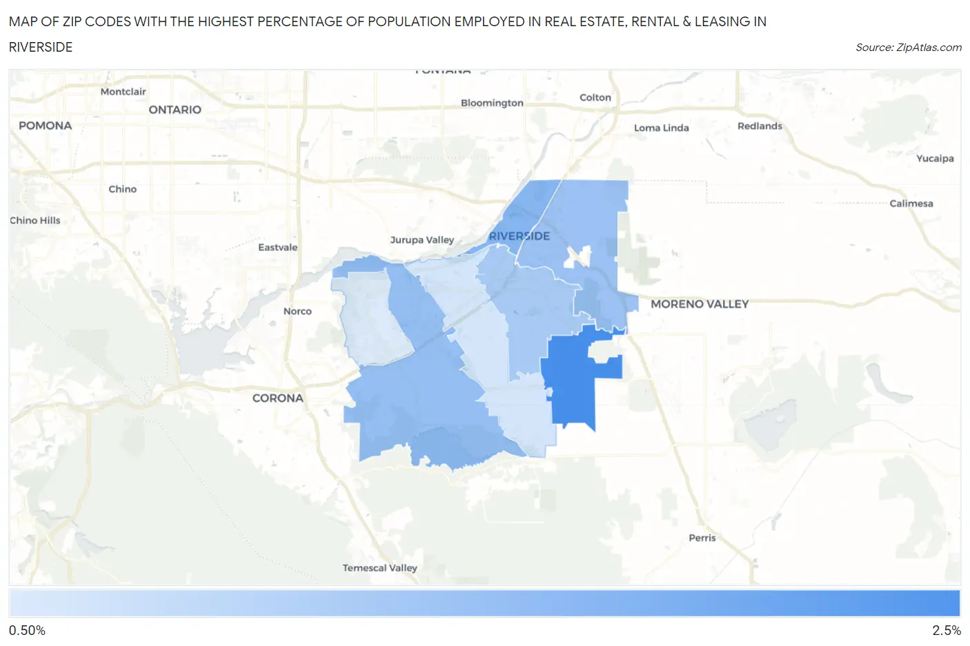 Zip Codes with the Highest Percentage of Population Employed in Real Estate, Rental & Leasing in Riverside Map