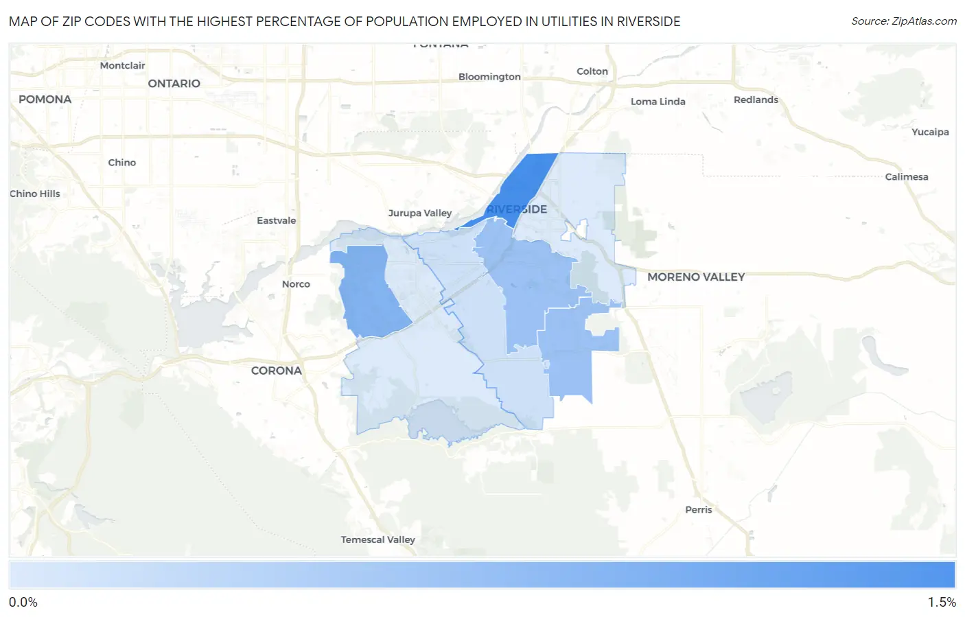 Zip Codes with the Highest Percentage of Population Employed in Utilities in Riverside Map