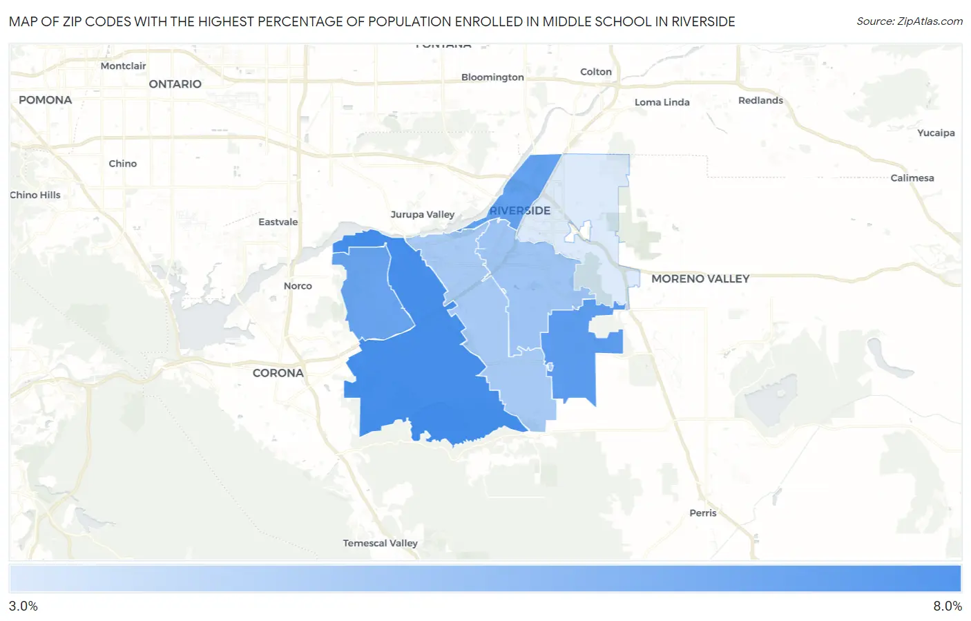 Zip Codes with the Highest Percentage of Population Enrolled in Middle School in Riverside Map