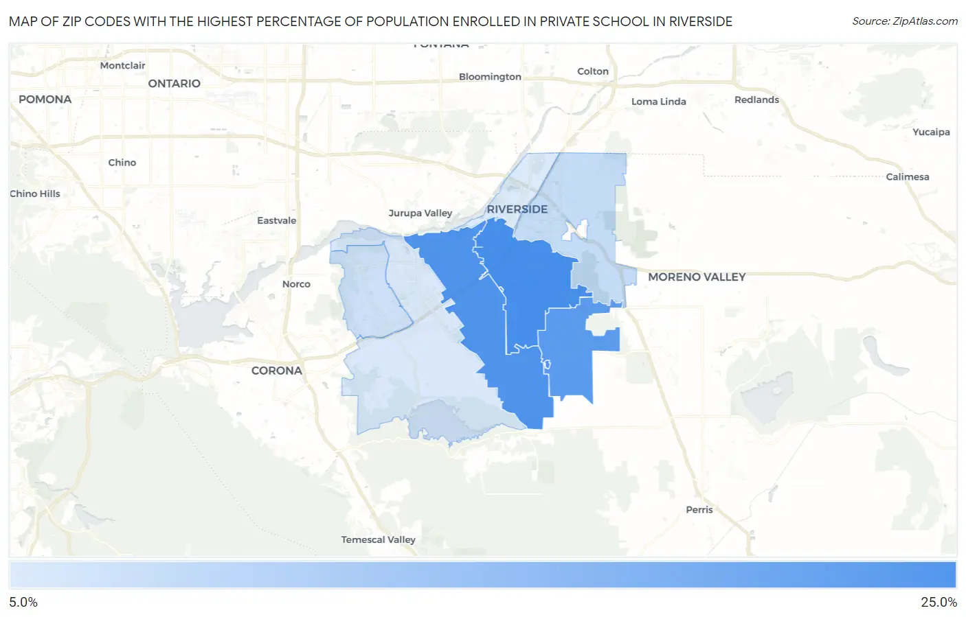 Zip Codes with the Highest Percentage of Population Enrolled in Private School in Riverside Map