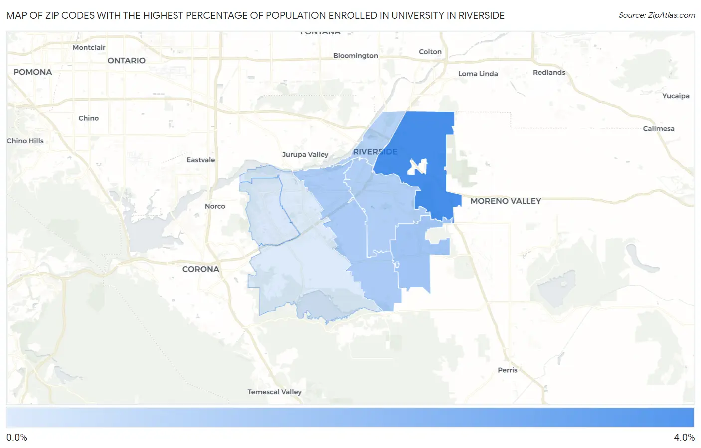 Zip Codes with the Highest Percentage of Population Enrolled in University in Riverside Map