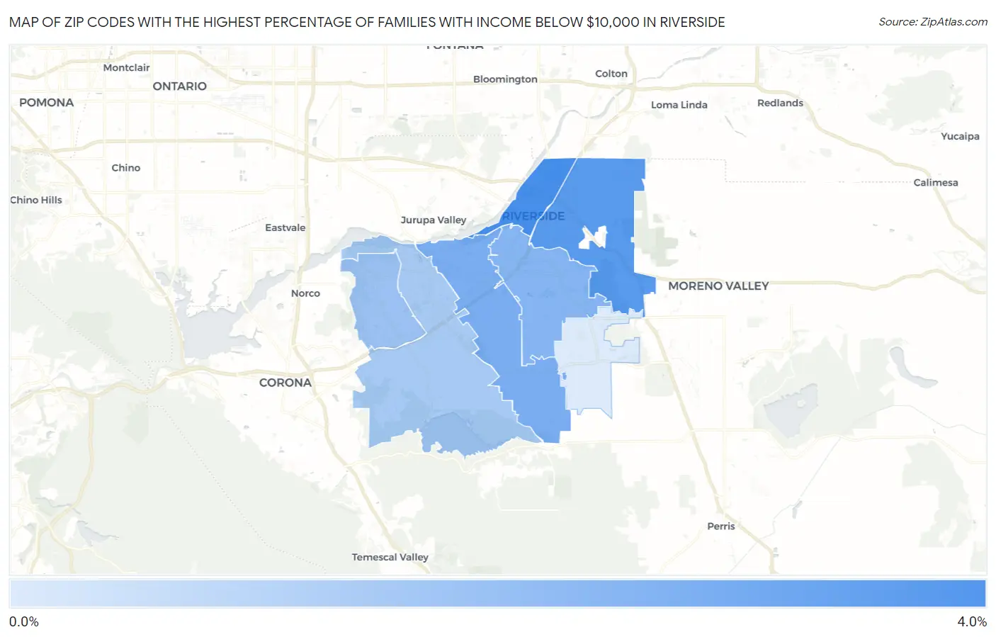 Zip Codes with the Highest Percentage of Families with Income Below $10,000 in Riverside Map