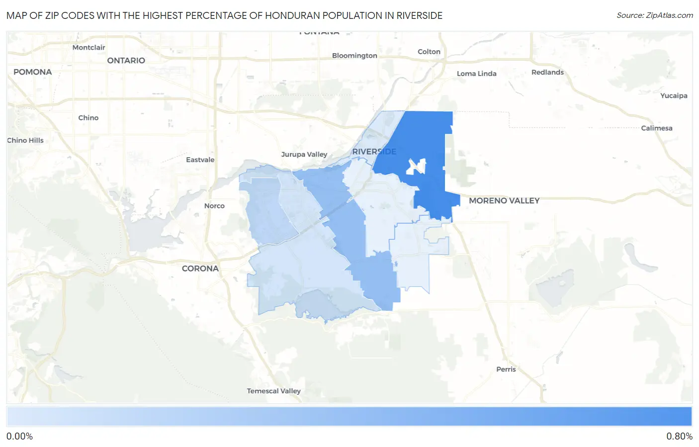 Zip Codes with the Highest Percentage of Honduran Population in Riverside Map