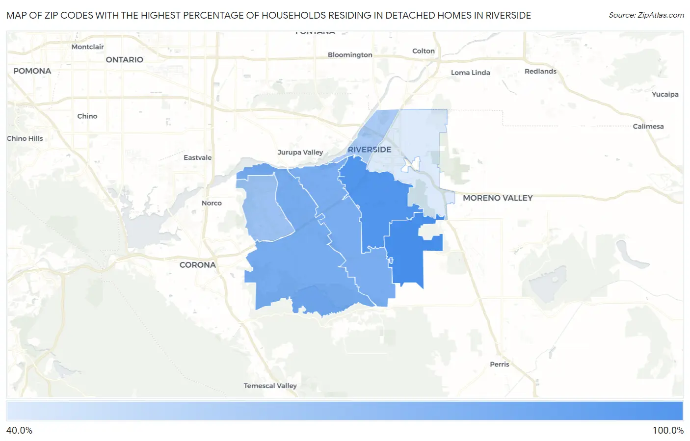 Zip Codes with the Highest Percentage of Households Residing in Detached Homes in Riverside Map