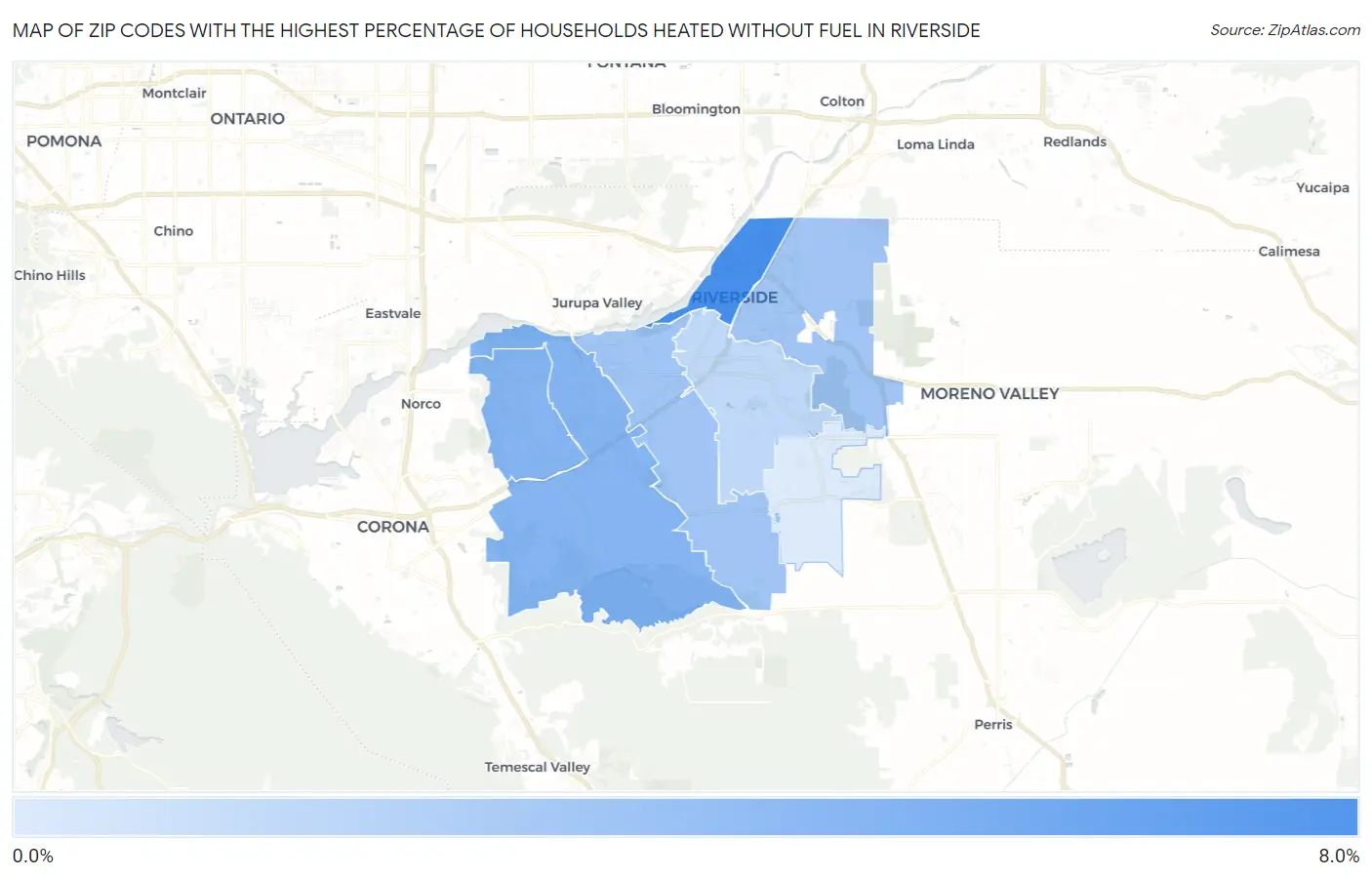 Zip Codes with the Highest Percentage of Households Heated without Fuel in Riverside Map