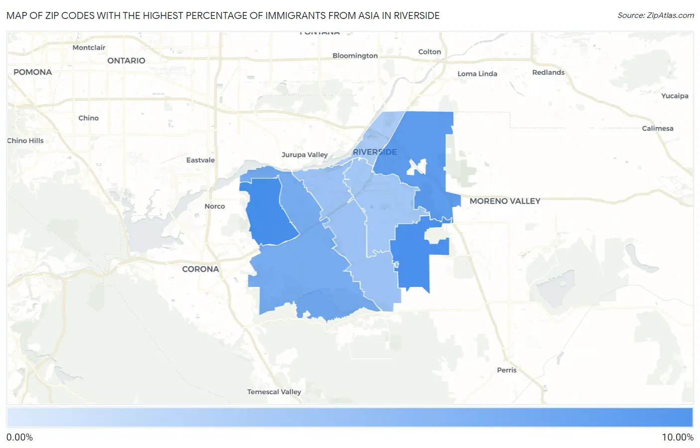 Zip Codes with the Highest Percentage of Immigrants from Asia in Riverside Map
