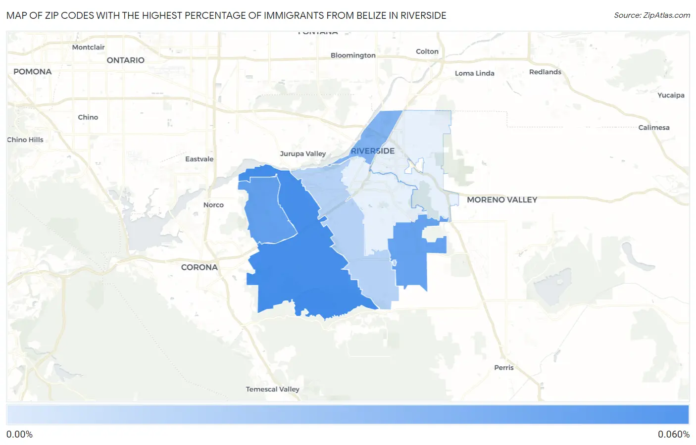 Zip Codes with the Highest Percentage of Immigrants from Belize in Riverside Map