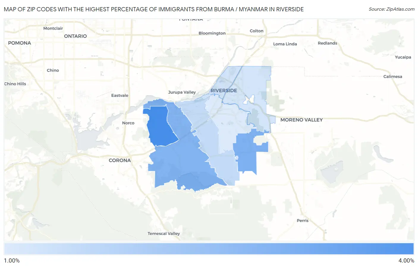 Zip Codes with the Highest Percentage of Immigrants from Burma / Myanmar in Riverside Map